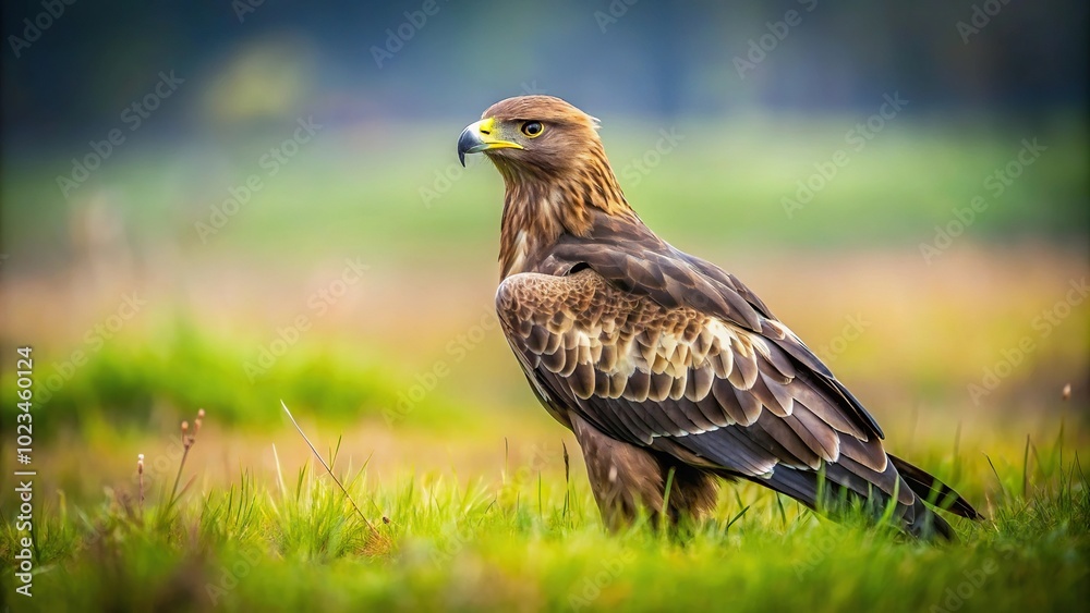 High Angle Lesser spotted eagle perching on a meadow High Angle Lesser spotted eagle perching on a meadow