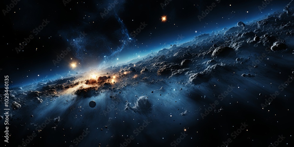 Fototapeta premium Celestial Dance of Dust and Light A Cosmic Symphony of Celestial Bodies, Nebulae, and Interstellar Radiation