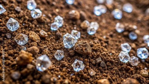 High angle macro shot of rough dirt texture with small uncut diamonds scattered amongst the earth evoking natural treasure