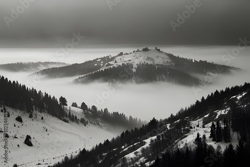 Misty Mountain Range Enveloped in Snow and Fog photo