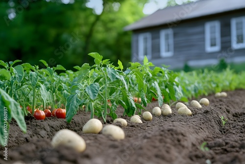A vegetable garden with rows of tomatoes, bell peppers, and potatoes growing in the ground next to an old wooden house on one side