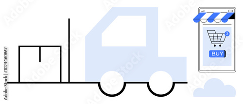 Truck next to a smartphone showing a shopping cart and BUY button. Combines concepts of e-commerce, delivery, and online shopping. Ideal for e-commerce, logistics, delivery services, online retail