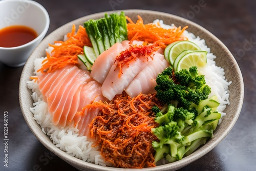 A traditional serving of hwe dup bap a Korean sashimi rice bowl topped with fresh raw fish vegetables, Ai Generated photo