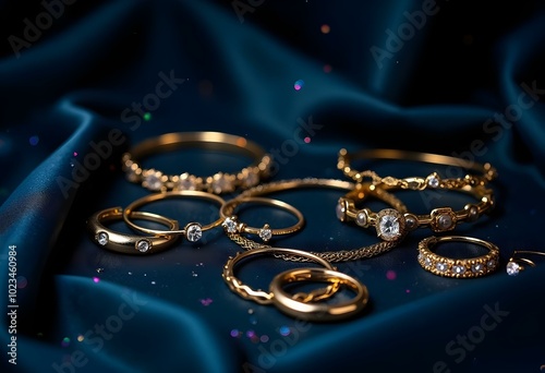 an artistically arranged flat lay of various gold jewelry pieces, including rings, earrings, and bracelets, set against a black silk background create with ai