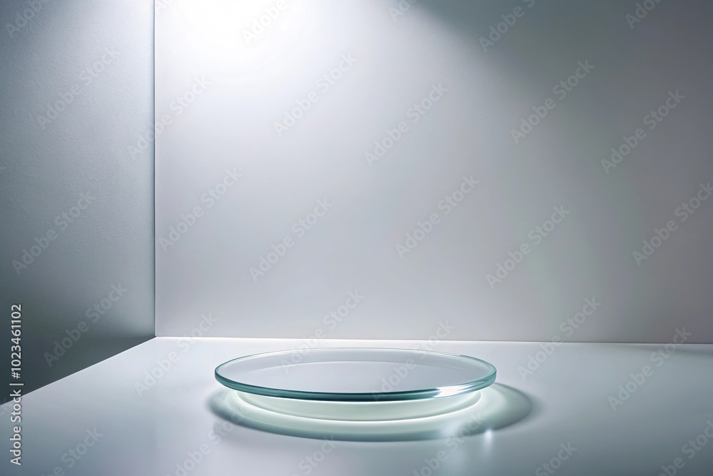 High angle minimalist glass podium mockup with plate and studio lighting on white background High angle minimalist glass podium mockup with plate and studio lighting on white background