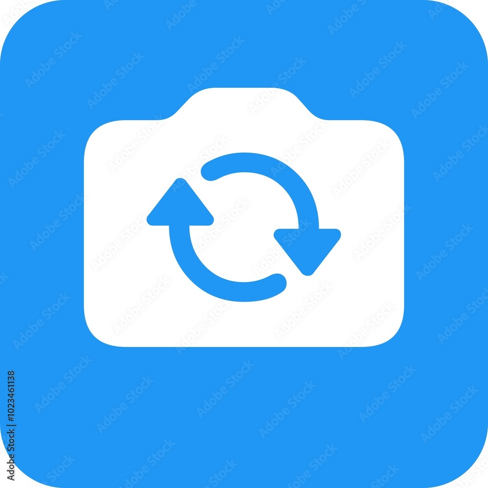Icon for the symbol of switching camera view on blue square. Icon for the symbol of switching camera view on blue square.