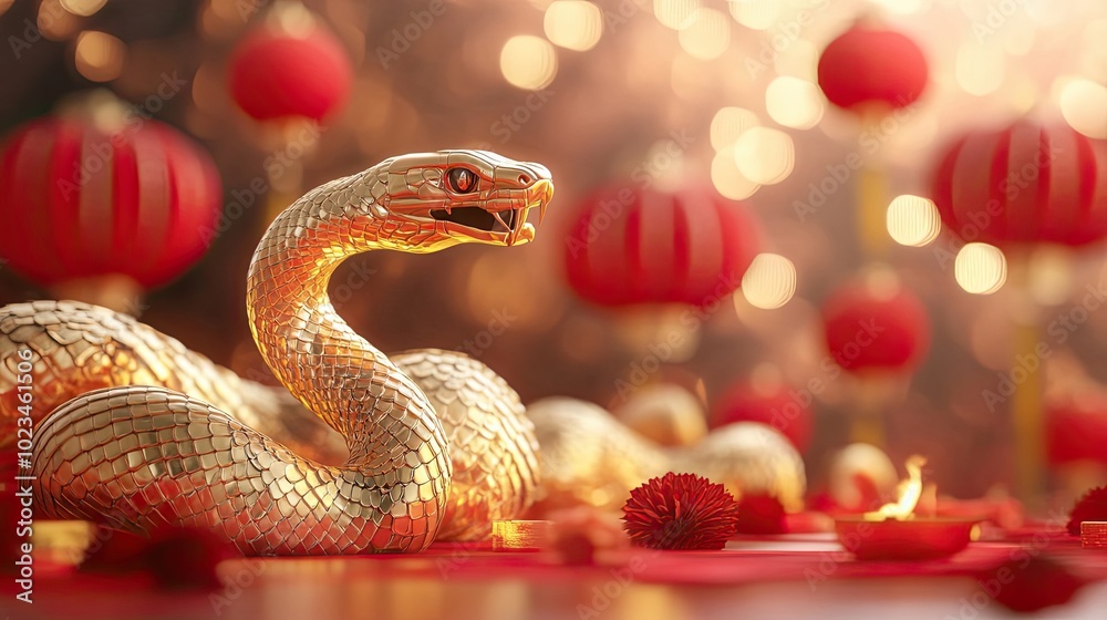 Golden Snake on Red Background with Blurry Red Lanterns Golden Snake on Red Background with Blurry Red Lanterns