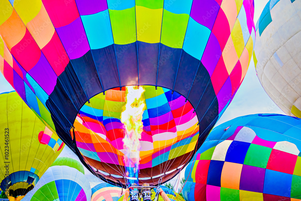 Obraz premium Preparing a hot air balloon to start the flight, heated by hot air
