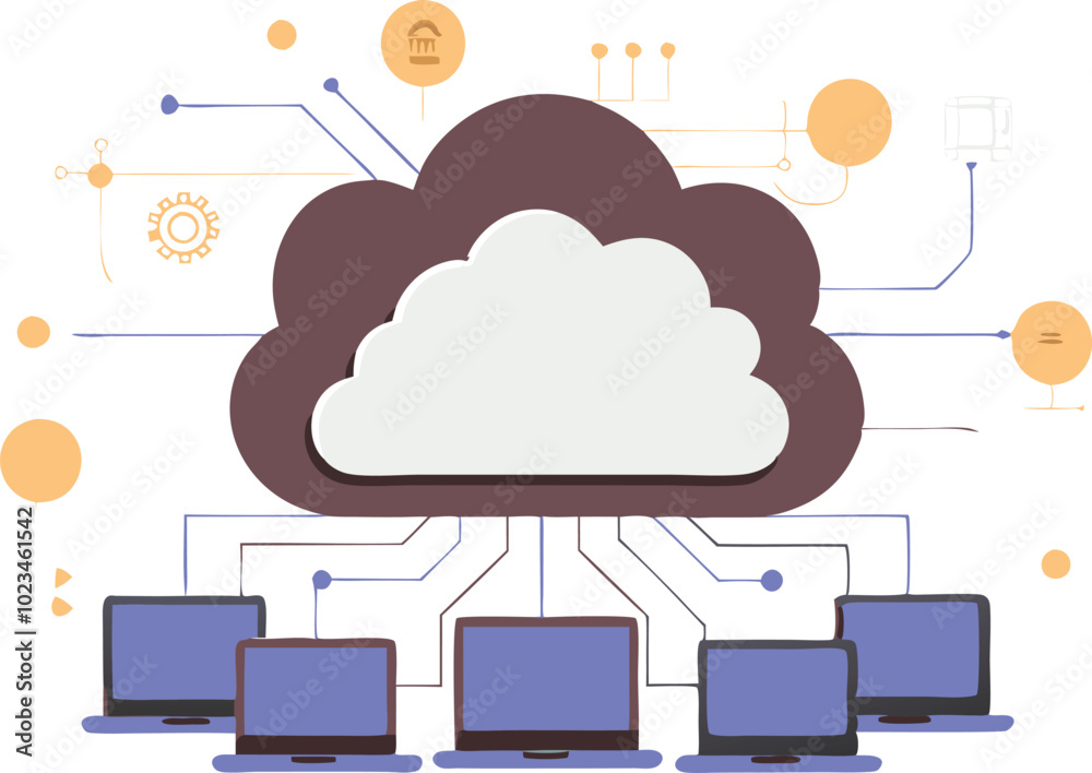 A modern vector illustration of a cloud computing system with various digital devices connected, symbolizing technology and data sharing. A modern vector illustration of a cloud computing system with various digital devices connected, symbolizing technology and data sharing.