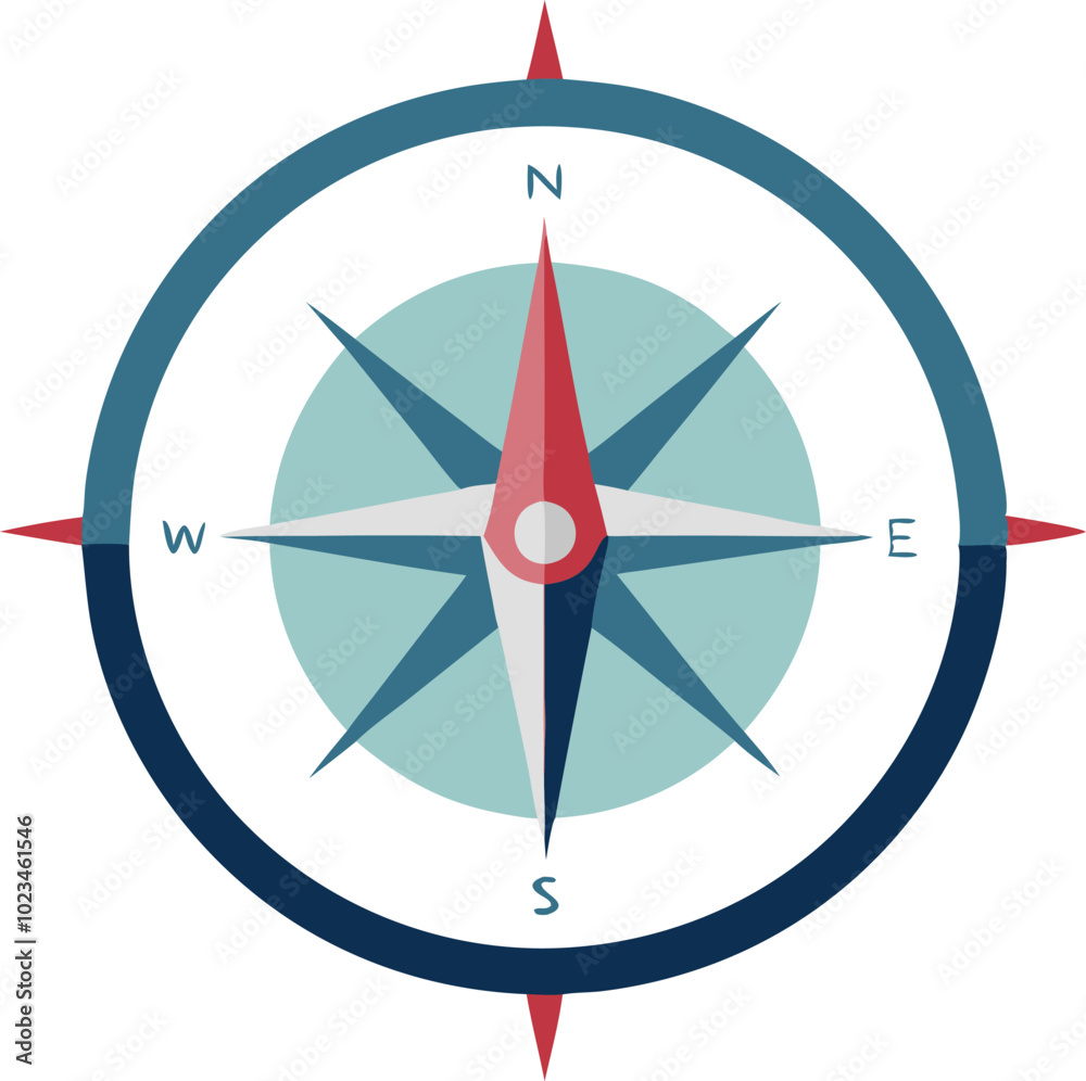 A simple compass vector illustration in vibrant colors, representing navigation, exploration, and directionfinding.