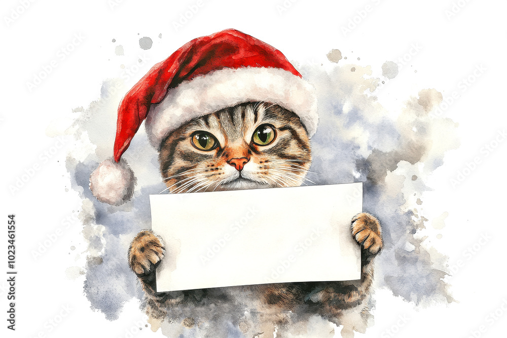 Naklejka premium Cat in Santa Claus hat holds white big card on white background, watercolor style