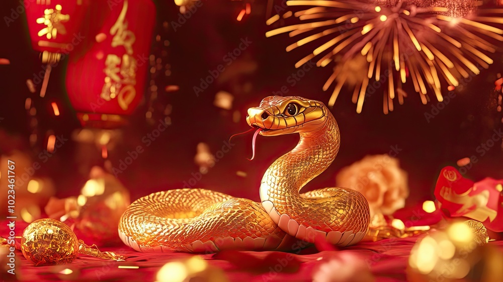 Golden Snake Symbol for Chinese New Year with Fireworks and Lanterns Golden Snake Symbol for Chinese New Year with Fireworks and Lanterns