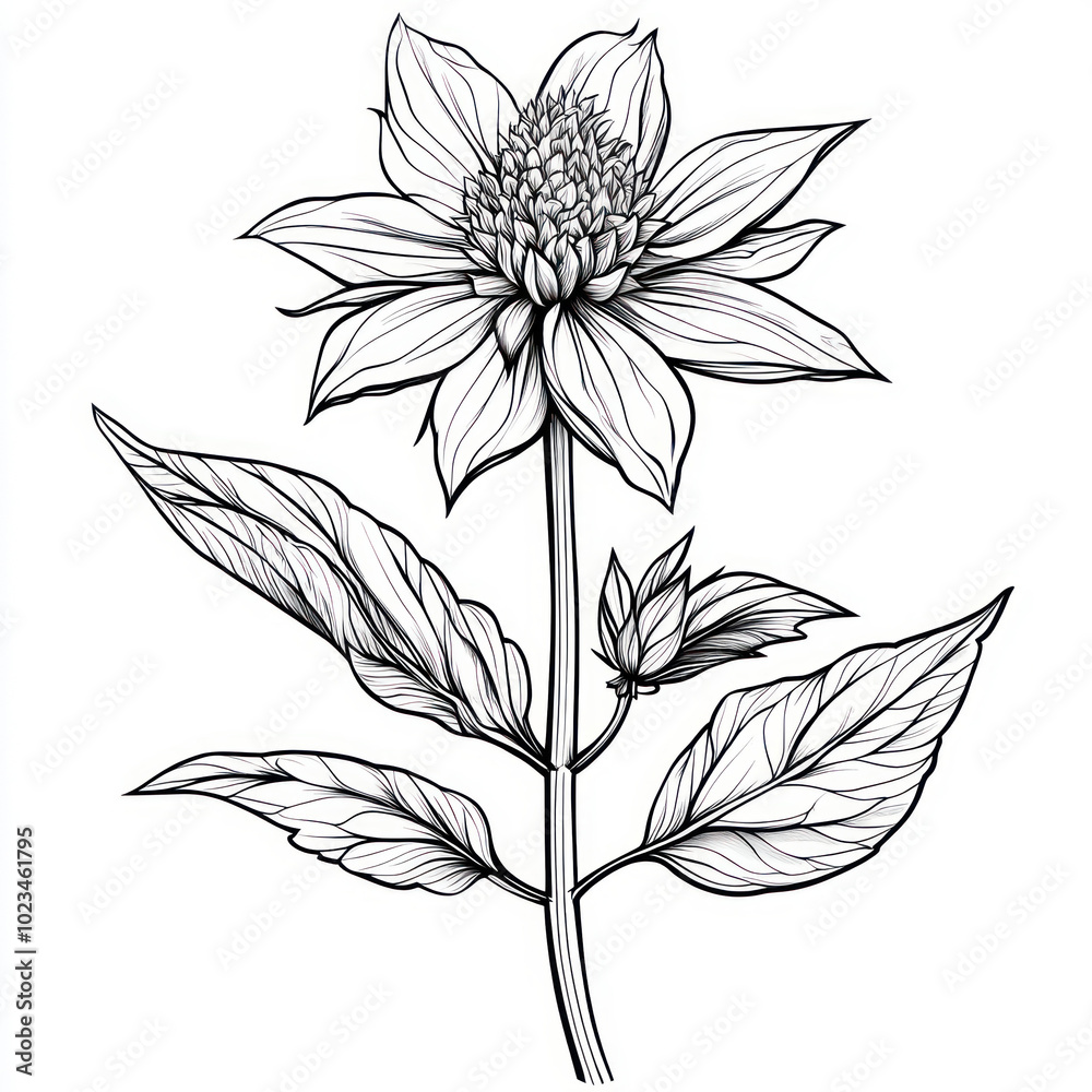 Fototapeta premium A Beebalm, line pattern, black and Vector artwork style. Coloring book, zoom out, isolated on solid white background