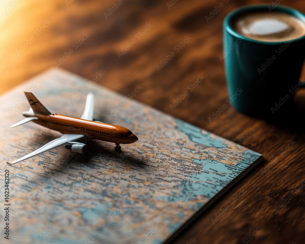 Planning your next adventure is exciting with model airplane on map and warm cup of coffee. This scene captures essence of travel and exploration