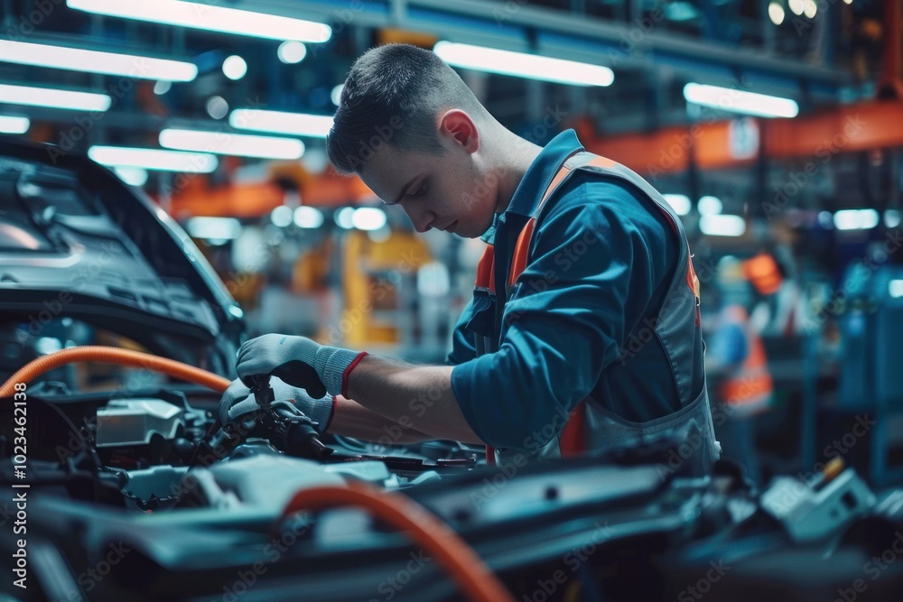 Factory car manufacturing worker automotive assembly. Factory car manufacturing worker automotive assembly.