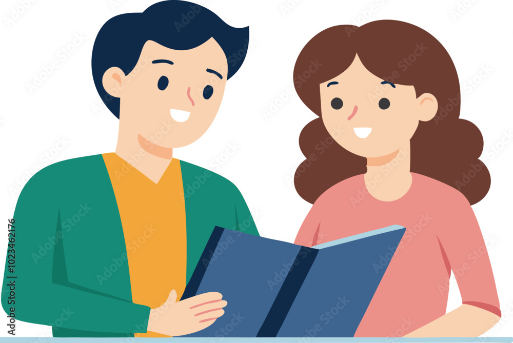 A vector illustration of a couple reading together, symbolizing knowledge sharing, learning, and relaxation with books. A vector illustration of a couple reading together, symbolizing knowledge sharing, learning, and relaxation with books.