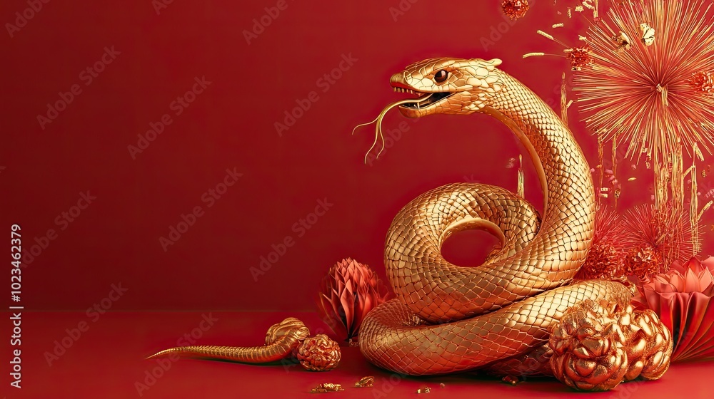 A Golden Snake Coiled on a Red Background with Festive Accents A Golden Snake Coiled on a Red Background with Festive Accents
