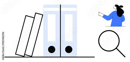 Two tilted folders next to two upright folders, a magnifying glass, and a person pointing. Ideal for organization productivity office work document management and research themes. Simple modern style