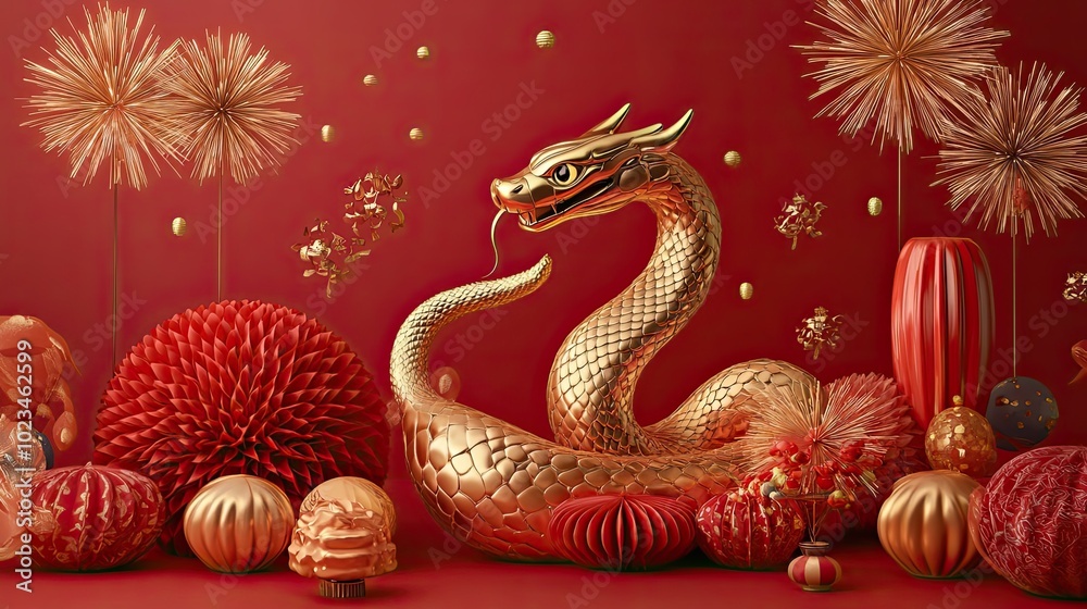 Obraz premium Golden Dragon with Red and Gold Decor on Red Background