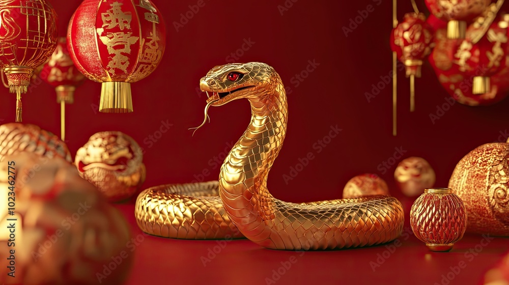 Golden Snake with Red Chinese Lanterns and Ornaments Golden Snake with Red Chinese Lanterns and Ornaments