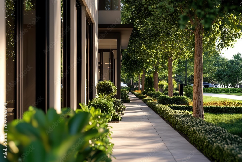 Modern sidewalk lined with trees and bushes, showcasing urban landscaping. Modern sidewalk lined with trees and bushes, showcasing urban landscaping.