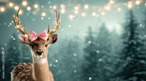 a deer wearing a pink bow on its head and fairy lights in its antlers in an enchanted Christmas forest