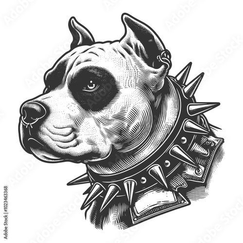 Punk pitbull dog wearing a spiked collar, showcasing toughness, strength, and loyalty sketch engraving generative ai vector illustration. Scratch board imitation. Black and white image.