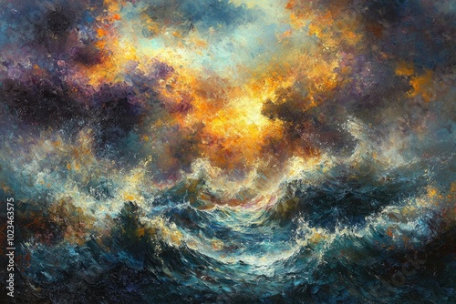 Vibrant ocean waves under a dramatic sunset sky, rich colors and dynamic movement.