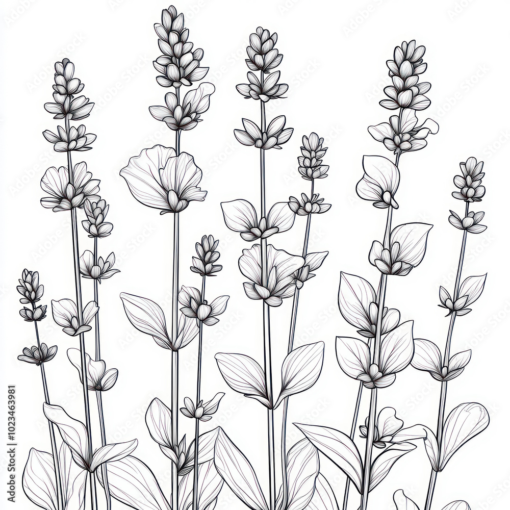 A Lavender, line pattern, black and white artwork style. Coloring book, zoom out, isolated on solid white background A Lavender, line pattern, black and white artwork style. Coloring book, zoom out, isolated on solid white background