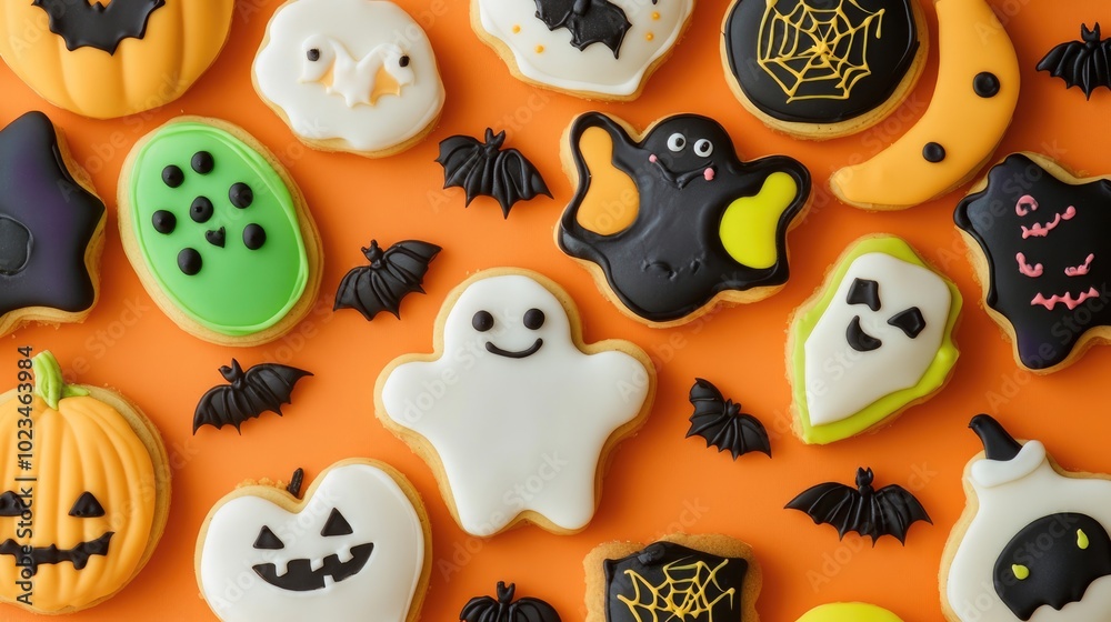 Halloween cookies assortment on vibrant surface Halloween cookies assortment on vibrant surface