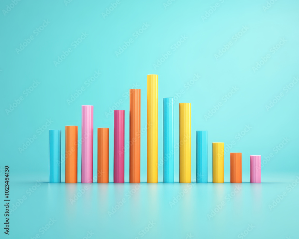 Colorful 3D bar chart on bright blue background, illustrating data visualization and analysis. vibrant colors create engaging and modern aesthetic Colorful 3D bar chart on bright blue background, illustrating data visualization and analysis. vibrant colors create engaging and modern aesthetic