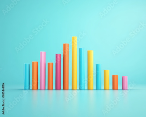 Colorful 3D bar chart on bright blue background, illustrating data visualization and analysis. vibrant colors create engaging and modern aesthetic