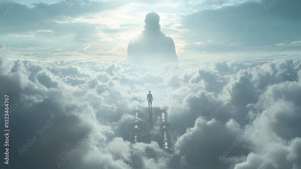 Fototapeta premium A man walks up the stairs of heaven, approaching God amidst the clouds,