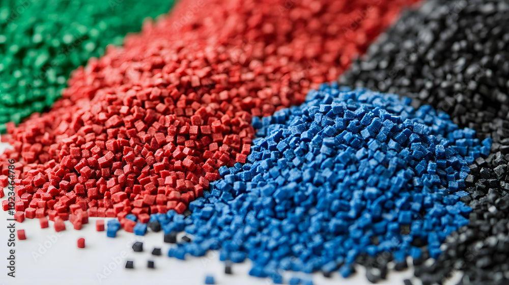 Fototapeta premium Blue, red and green Plastic pellets Background Close-up Plastic granules Polymer plastic beads resin polymer