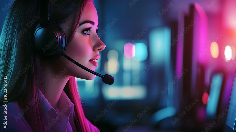 Smiling pretty woman call center operator with headset using computer. How can I help you? Beautiful call center workers in headphones are working at modern office. Online customer support. Smiling pretty woman call center operator with headset using computer. How can I help you? Beautiful call center workers in headphones are working at modern office. Online customer support.