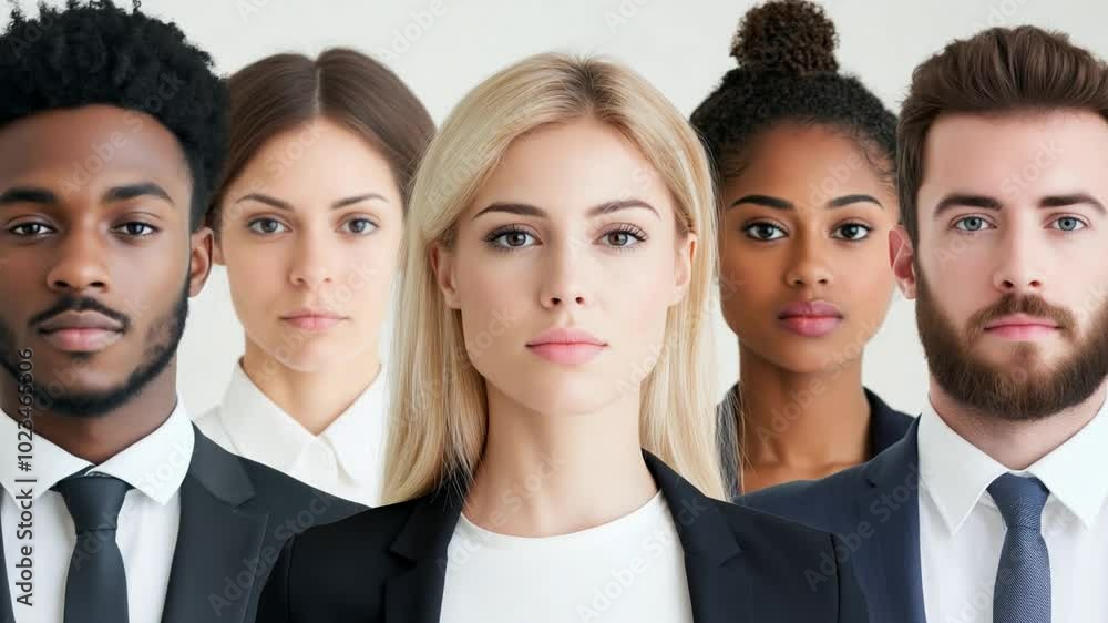 A group of five diverse professionals posing confidently in business attire on white backdrop. Concept of teamwork, employment A group of five diverse professionals posing confidently in business attire on white backdrop. Concept of teamwork, employment