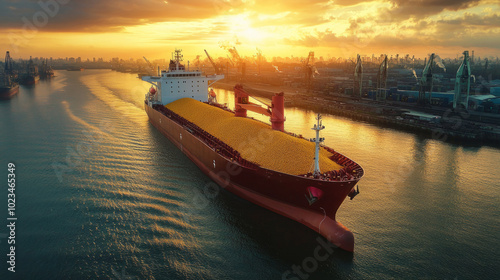 A large red ship with yellow cargo is sailing on a body of water