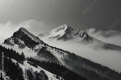 Dramatic black and white photograph of snow-blanketed mountain peaks amidst a foggy sky photo