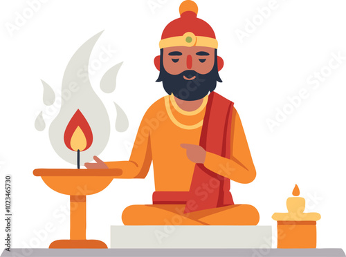 A colorful vector illustration of a person performing a traditional Hindu ritual with a fire, symbolizing spirituality, culture, and devotion.