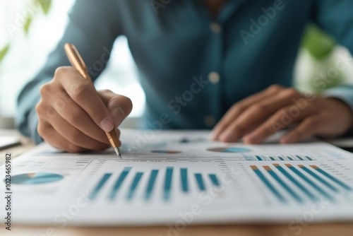 Close-up of a person analyzing financial graphs with a pen.