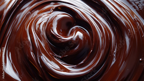 A close-up view of rich, glossy chocolate swirl, perfect for illustrating dessert recipes or gourmet baking techniques. Ideal for food lovers and chefs