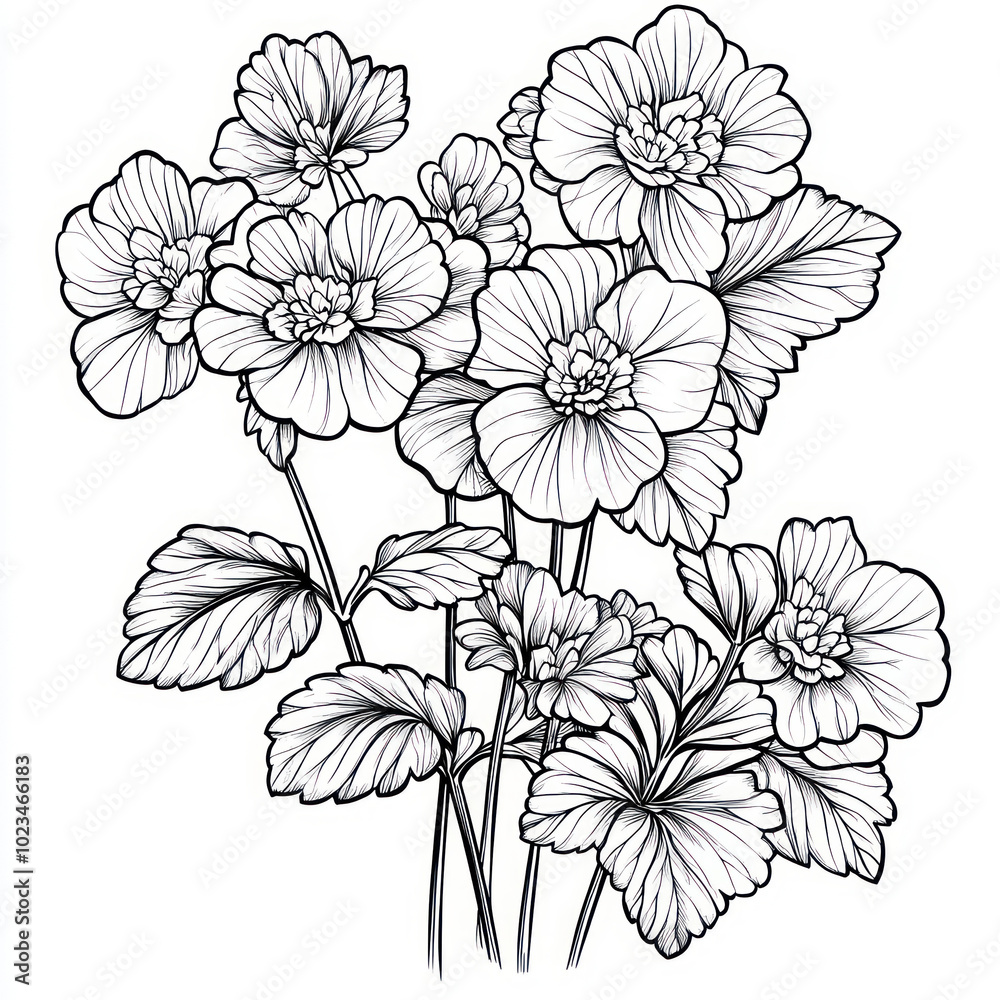 A Lady's Mantle, line pattern, black and white artwork style. Coloring book, zoom out, isolated on solid white background A Lady's Mantle, line pattern, black and white artwork style. Coloring book, zoom out, isolated on solid white background