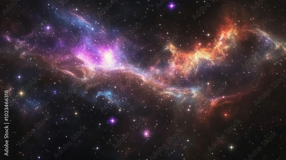 Fototapeta premium A vibrant cosmic scene showcasing colorful nebulae and stars in a vast universe.