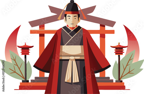 A vector illustration of a samurai warrior standing in front of a traditional shrine, symbolizing honor, culture, and Japanese history.