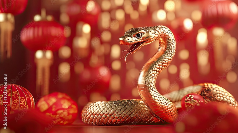 A Golden Snake Surrounded by Red Chinese Lanterns A Golden Snake Surrounded by Red Chinese Lanterns
