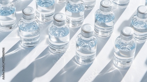 A row of clear glass vials with white caps arranged in a diagonal pattern on a white surface. The vials are filled with a clear liquid, and the sun casts long shadows on the surface.