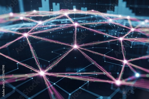 A network of lines and dots that are connected to each other. The lines are in different colors and the dots are in different sizes. Concept of complexity and interconnectedness