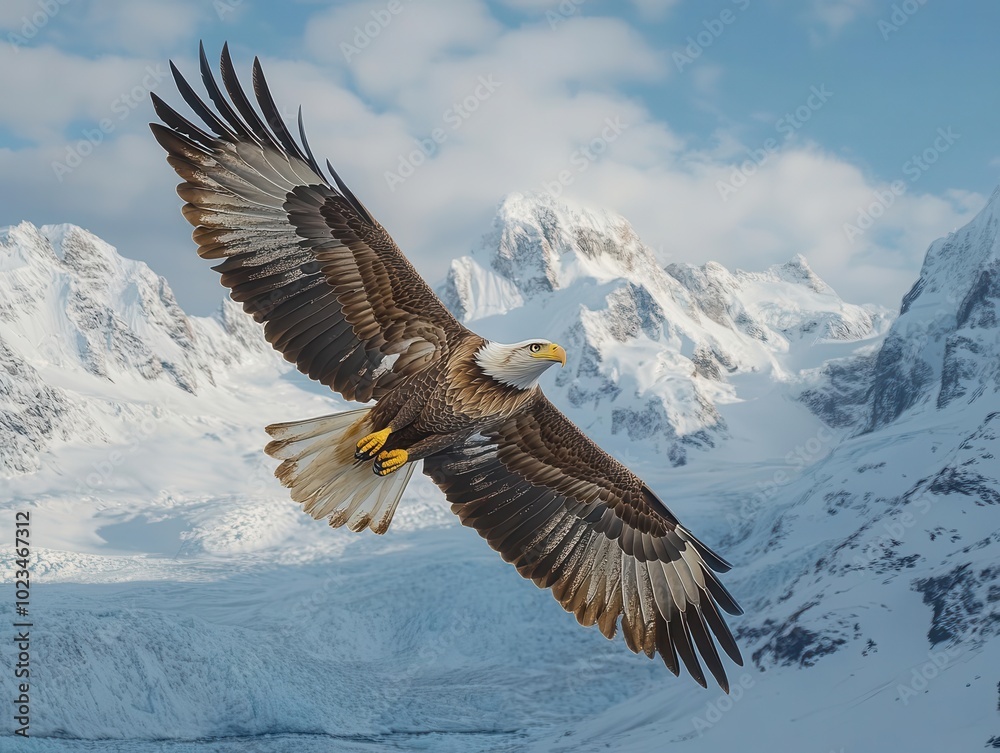 bald eagle majestically soars above a breathtaking mountain range, capturing the essence of freedom and nature's beauty, set against a clear blue sky that enhances the eagle's powerful presence bald eagle majestically soars above a breathtaking mountain range, capturing the essence of freedom and nature's beauty, set against a clear blue sky that enhances the eagle's powerful presence