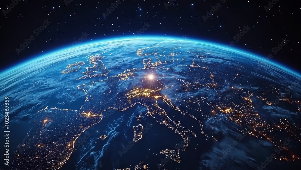 Fototapeta premium Wide Shot of Earth from Space with Glowing Connections Between Cities Symbolizing Global Connectivity and Digital Transformation