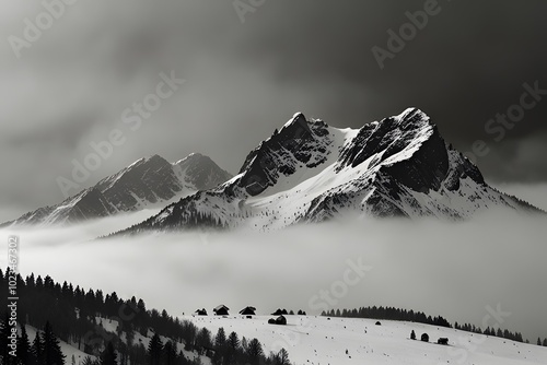 Misty Mountain Peak Surrounded by Snow and Shadows photo